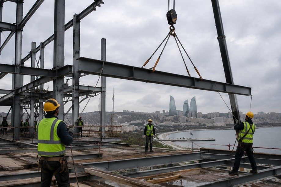 Installation of a steel beam by crane in Baku with the city skyline in the background