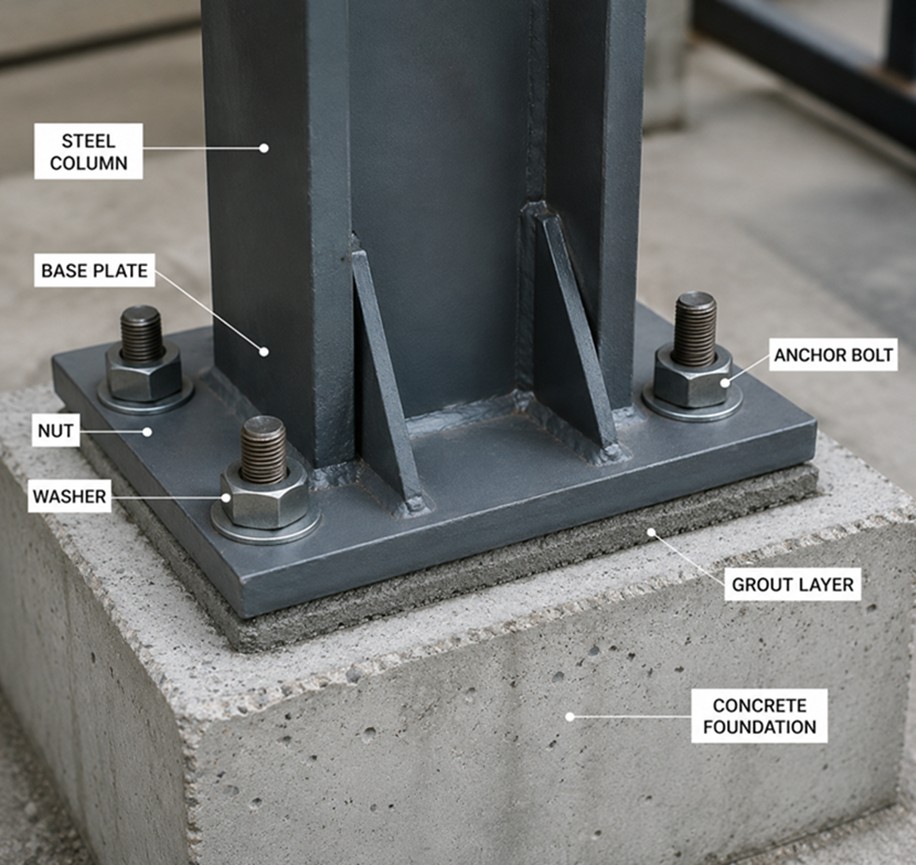 Labeled diagram of the column-base-to-foundation connection components
